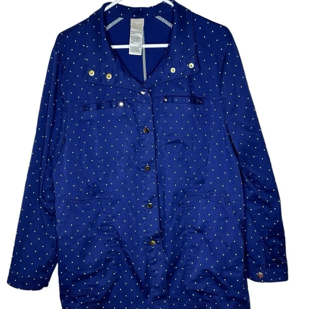 CHICOS XL/3 BLUE POLKA DOT SNAP FRONT UTILITY JACKET W POCKETS - Picture 1 of 6